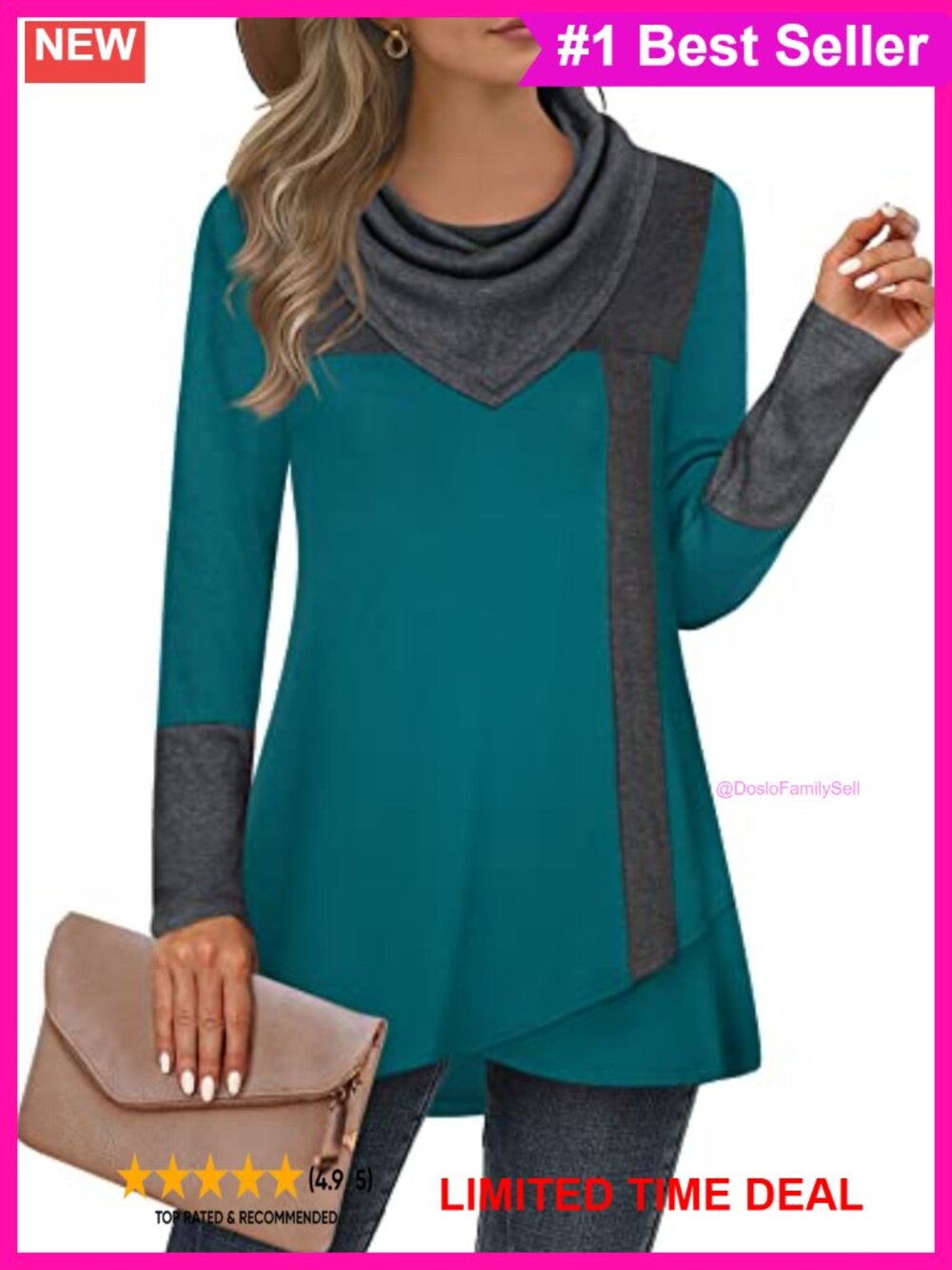 Long Sleeve Cowl Neck Color Block Tunic Pullover Sweatshirt Loose Fit